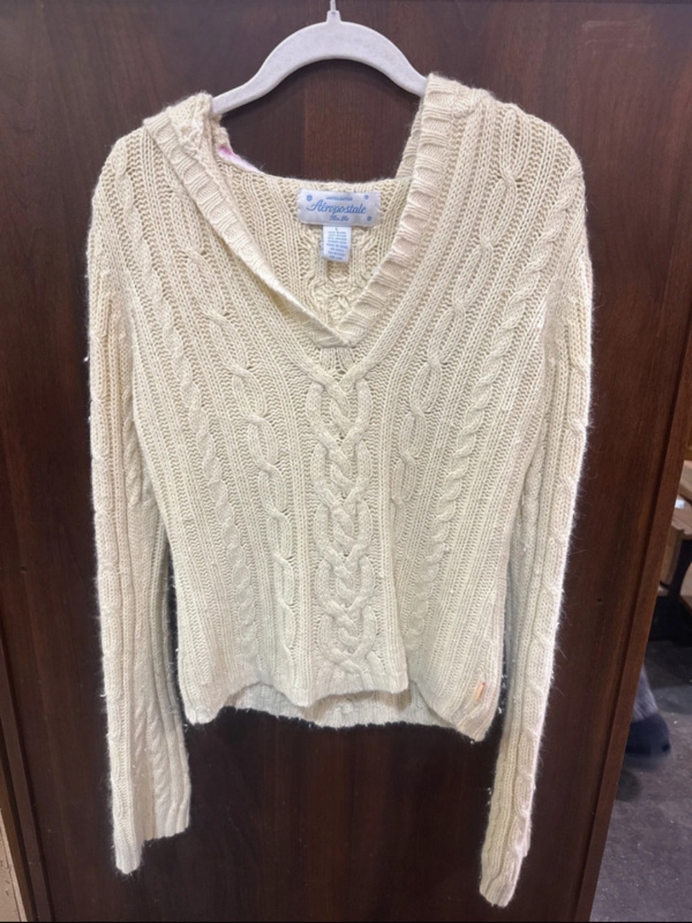 Aeropostale Cream Cable V-Neck Pullover Sweater